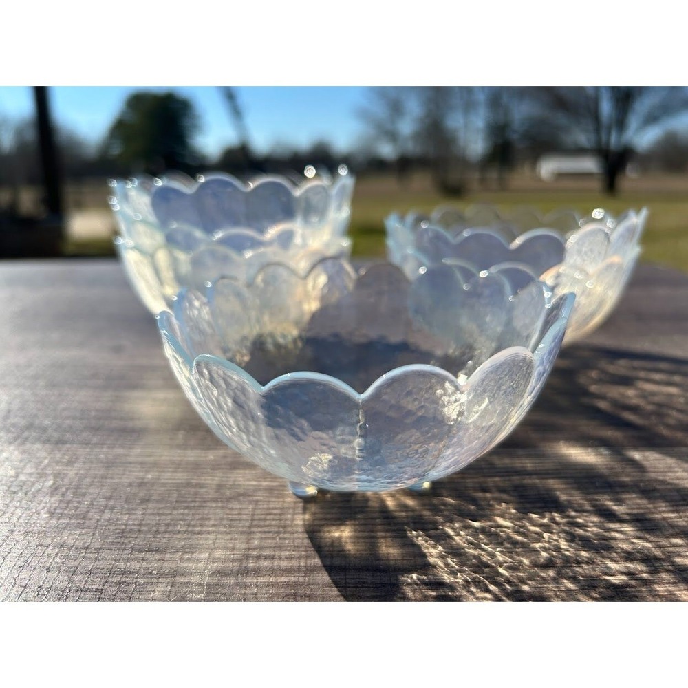 Vintage White Pearly Glass Dessert Side Bowls 6 With Feet Handmade‎ Thailand